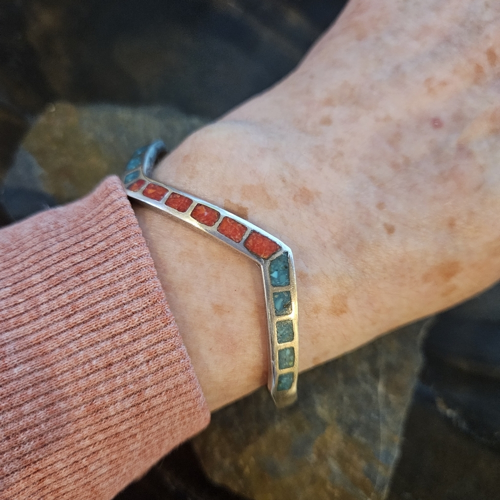 Sterling Silver Red and Turquoise Inlay V Bracelet